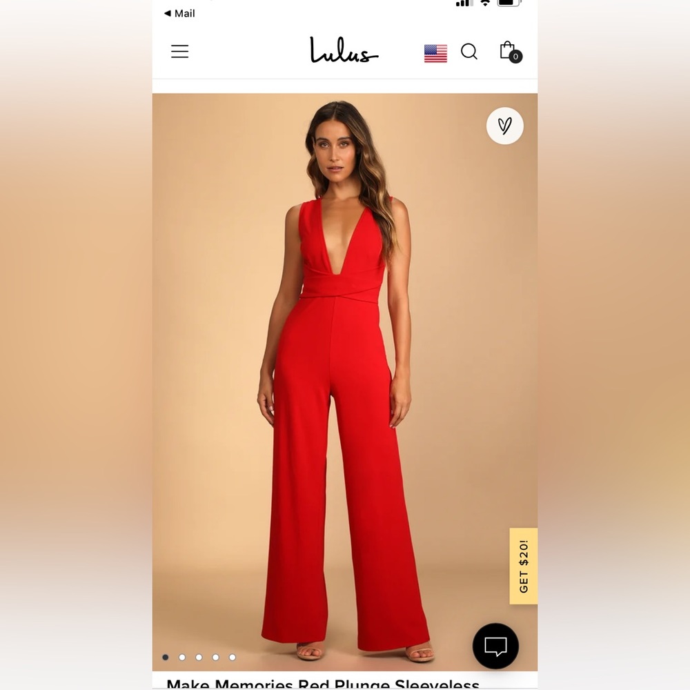 NWT Lulu’s Make Memories Red Plunge Sleeveless Wide-Leg Jumpsuit